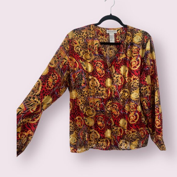 Sun Leopard Cheetah Paisley Hipster Vintage Hippie Artsy Boho Button Hip Blouse - Picture 1 of 6